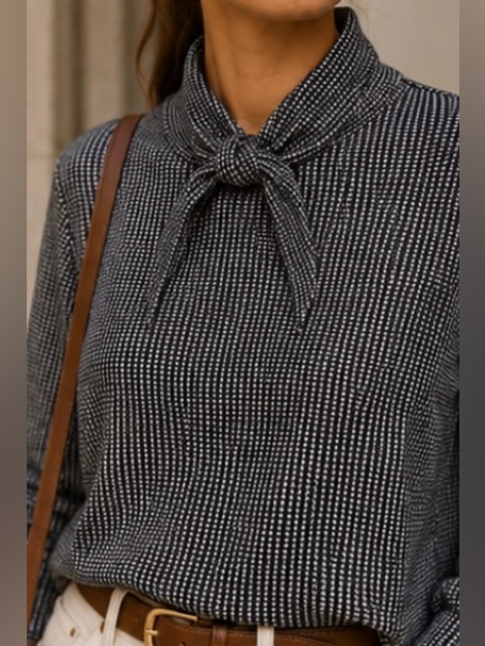 MNG Mock Neck Tie Top Black & White Textured Print Blouse Medium Drop shoulder